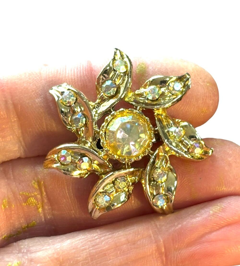 Vintage GoldTone Aurora Borealis Rhinestone Leaf Flower Brooch AB Crystal Floral